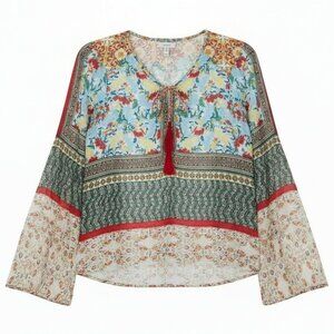 Fig & Flower Peasant Blouse Floral Border Print Boho Tassel Top Size S